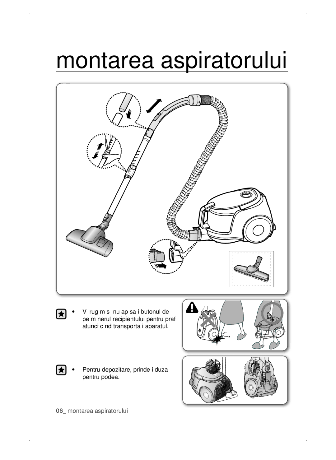 Samsung VC15QSNMANC/TR, VC15QSNMAUB/GE, VC15QSNMARD/EF, VC15QSNMARD/GE, VC15QSNMARD/SW manual Montarea aspiratorului 