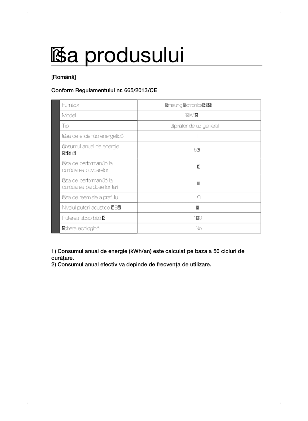 Samsung VC15QSNMANC/TR, VC15QSNMAUB/GE, VC15QSNMARD/EF, VC15QSNMARD/GE, VC15QSNMARD/SW manual Fişa produsului 