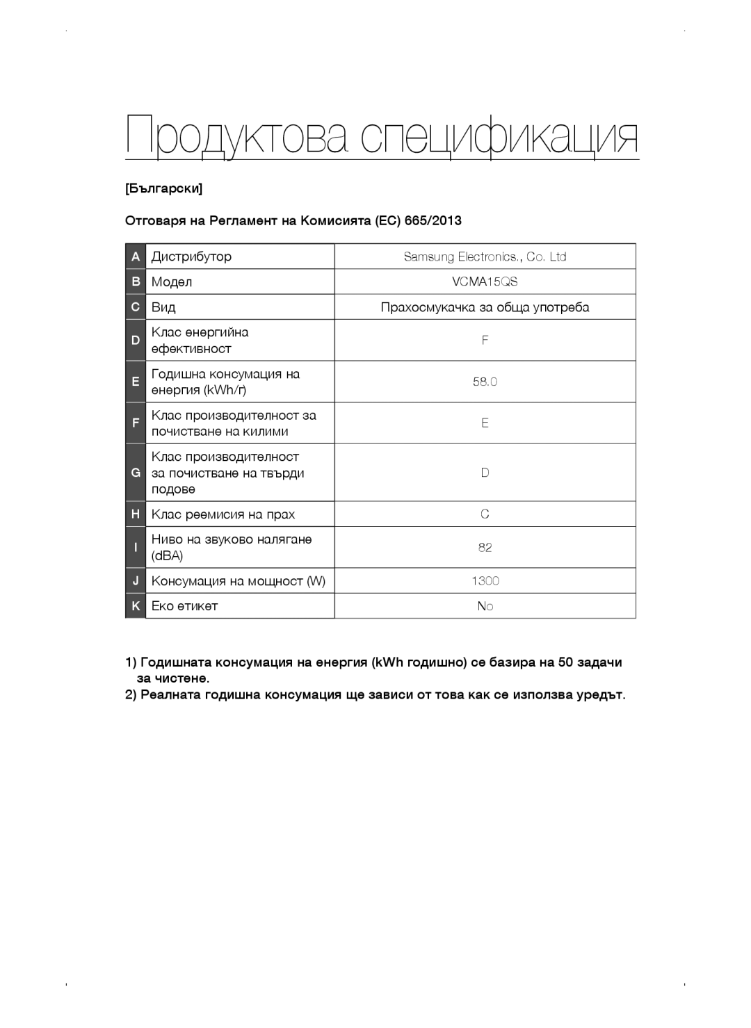 Samsung VC15QSNMANC/TR, VC15QSNMAUB/GE, VC15QSNMARD/EF, VC15QSNMARD/GE, VC15QSNMARD/SW manual Продуктова спецификация 