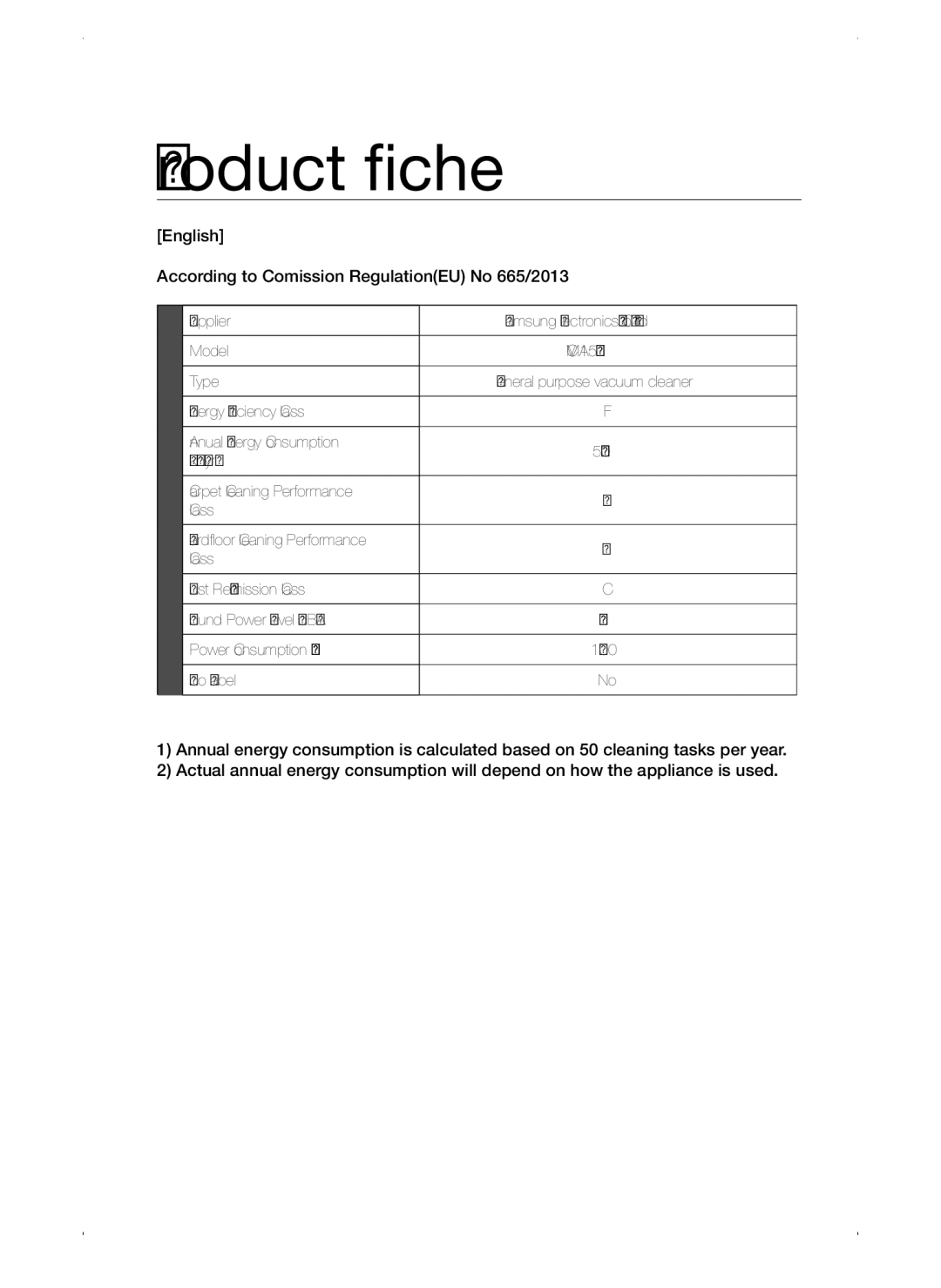 Samsung VC15QSNMANC/TR, VC15QSNMAUB/GE manual Product fiche, English According to Comission RegulationEU No 665/2013 