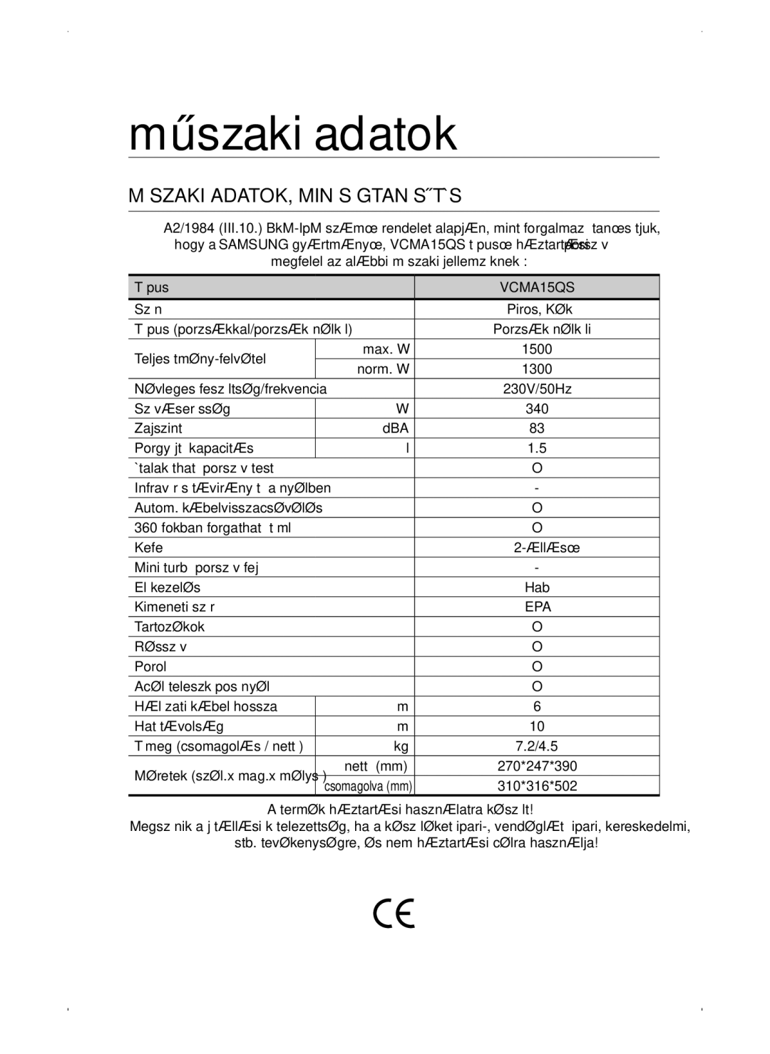 Samsung VC15QSNMANC/TR, VC15QSNMAUB/GE, VC15QSNMARD/EF manual Műszaki adatok, Műszaki ADATOK, Minőségtanúsítás, VCMA15QS 