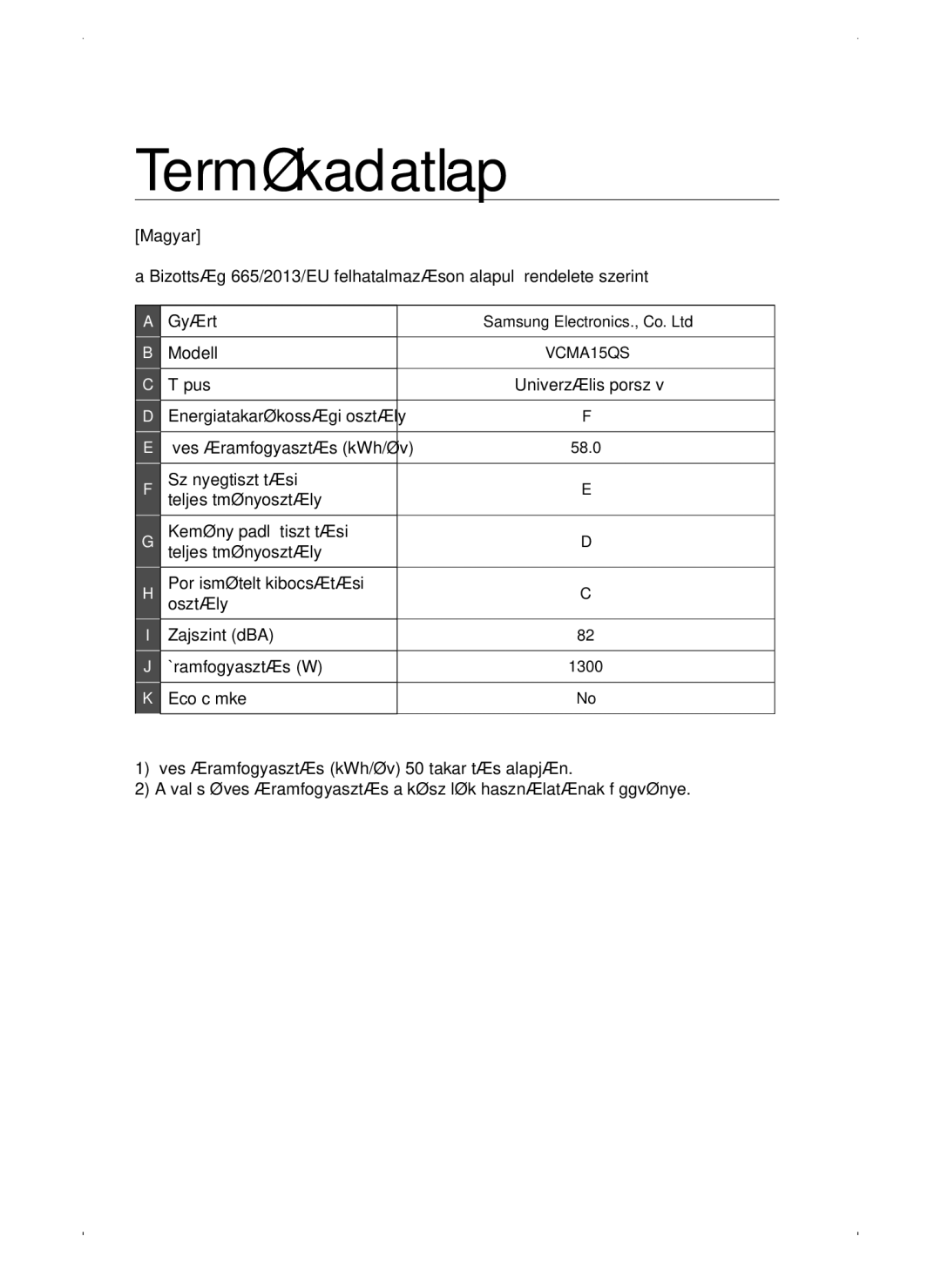 Samsung VC15QSNMARD/EF, VC15QSNMAUB/GE, VC15QSNMANC/TR, VC15QSNMARD/GE, VC15QSNMARD/SW manual Termékadatlap 