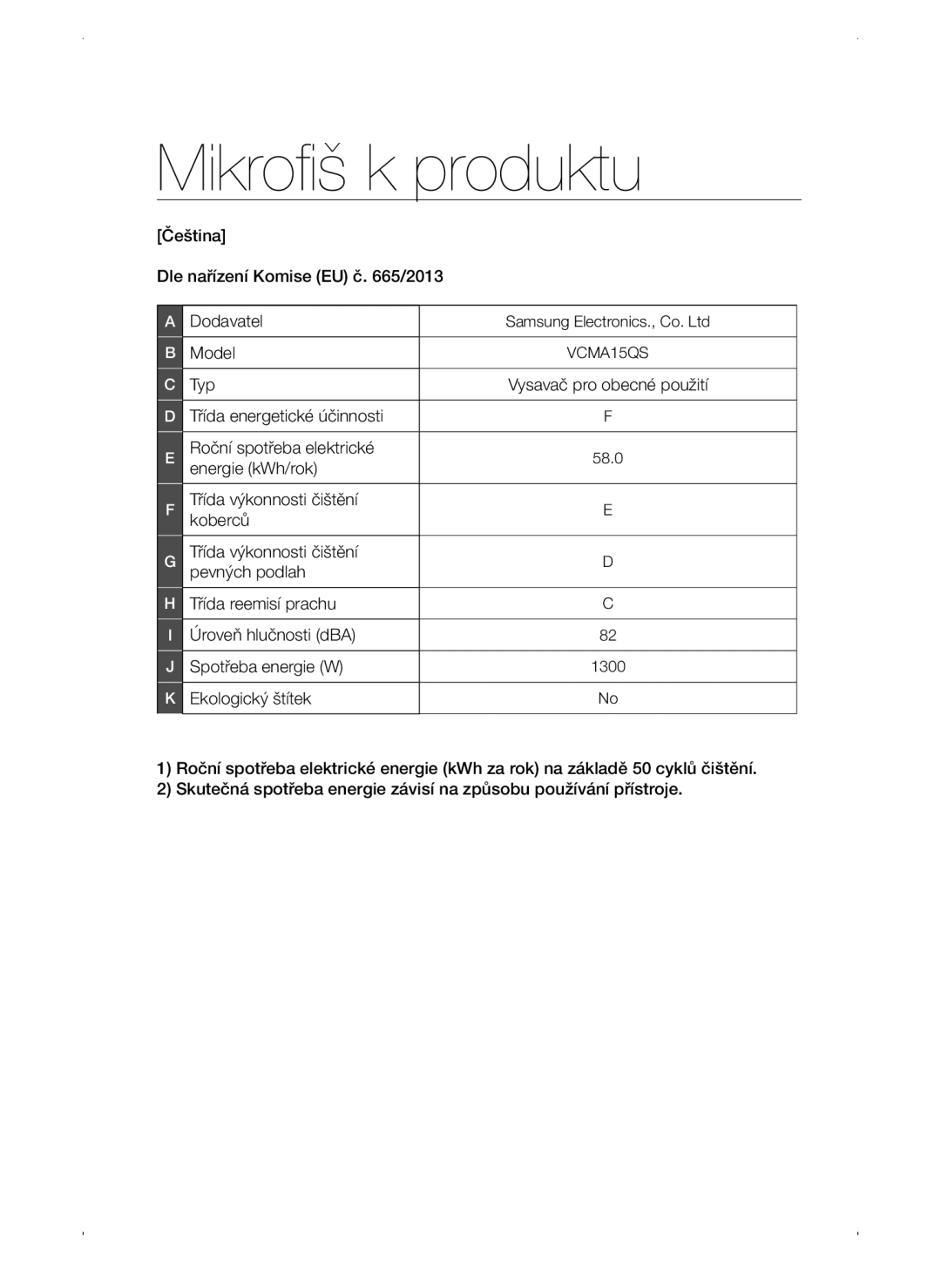 Samsung VC15QSNMANC/TR, VC15QSNMAUB/GE, VC15QSNMARD/EF, VC15QSNMARD/GE, VC15QSNMARD/SW manual Mikrofiš k produktu 