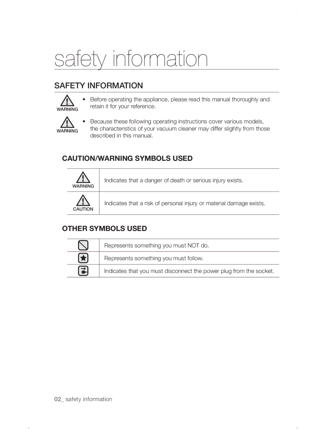 Samsung VC15QSNMARD/EF, VC15QSNMAUB/GE, VC15QSNMANC/TR manual Safety information, Safety Information, Other Symbols Used 