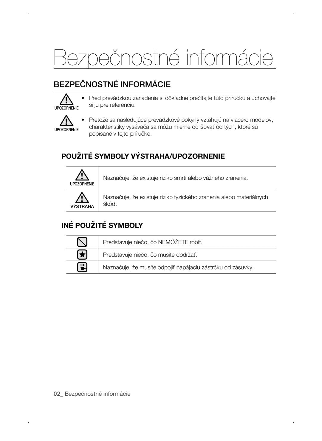 Samsung VC15QSNMARD/EF manual Bezpečnostné informácie, Bezpečnostné Informácie, Použité Symboly VÝSTRAHA/UPOZORNENIE 