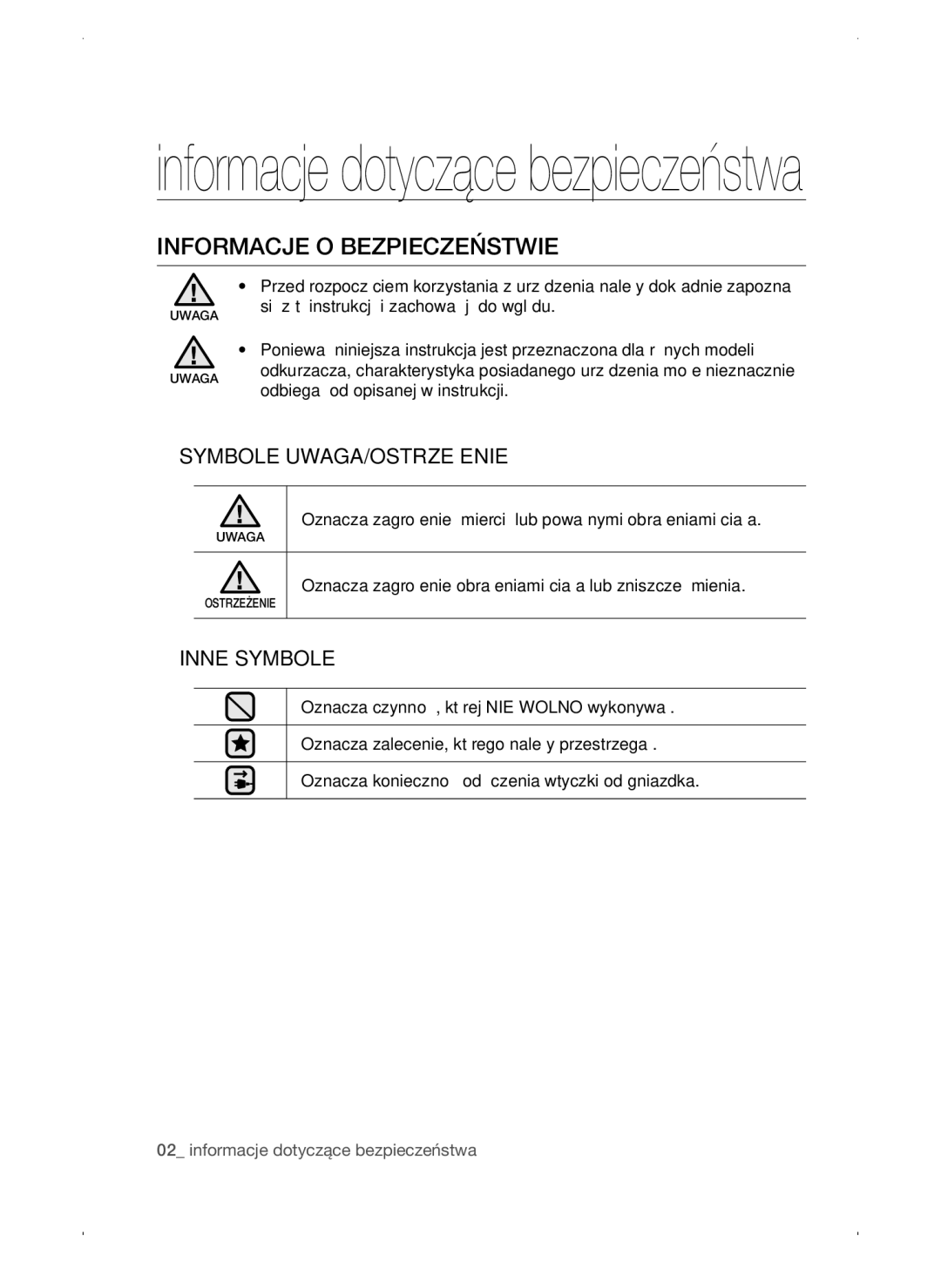 Samsung VC15QSNMARD/EF, VC15QSNMAUB/GE manual Informacje O Bezpieczeństwie, Symbole UWAGA/OSTRZEŻENIE, Inne Symbole 