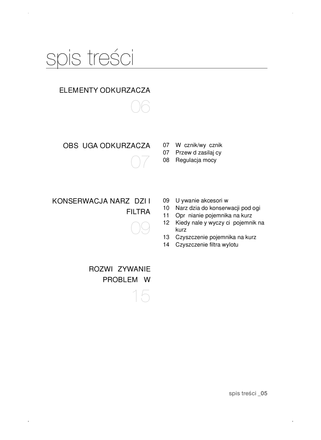 Samsung VC15QSNMAUB/GE Spis treści, Elementy Odkurzacza Obsługa Odkurzacza, Konserwacja Narzędzi, Rozwiązywanie Problemów 