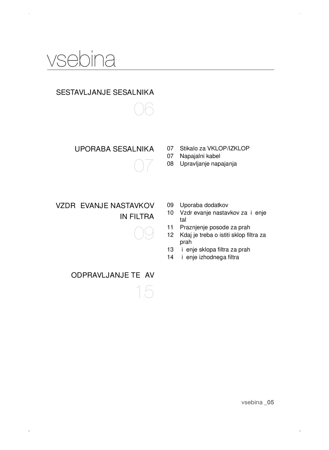 Samsung VC15QSNMAUB/GE, VC15QSNMANC/TR, VC15QSNMARD/EF, VC15QSNMARD/GE, VC15QSNMARD/SW manual Vsebina, Odpravljanje Težav 