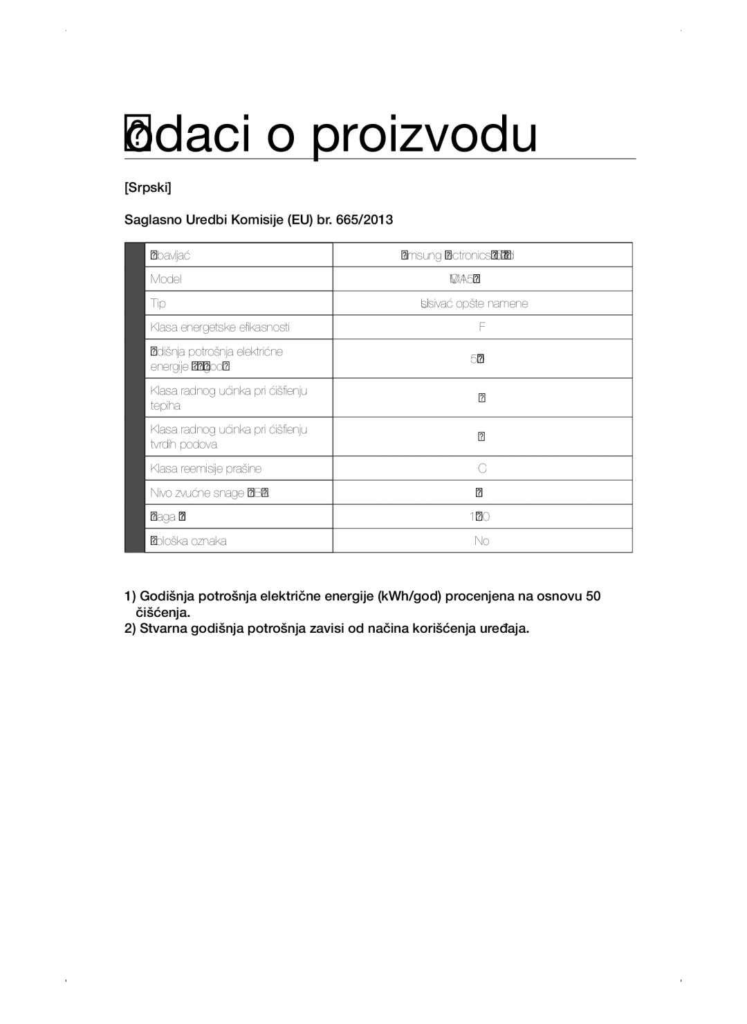 Samsung VC15QSNMANC/TR, VC15QSNMAUB/GE, VC15QSNMARD/EF manual Podaci o proizvodu, Srpski Saglasno Uredbi Komisije EU br /2013 