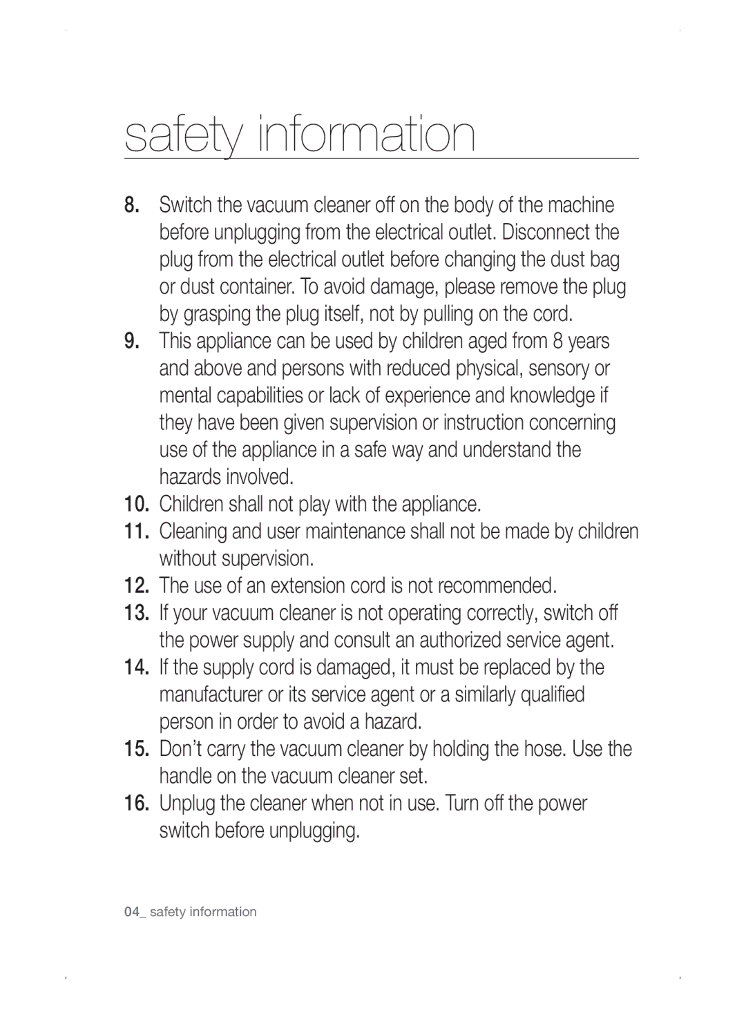 Samsung VC15QSNMARD/SW, VC15QSNMAUB/GE, VC15QSNMANC/TR, VC15QSNMARD/EF, VC15QSNMARD/GE manual Safety information 