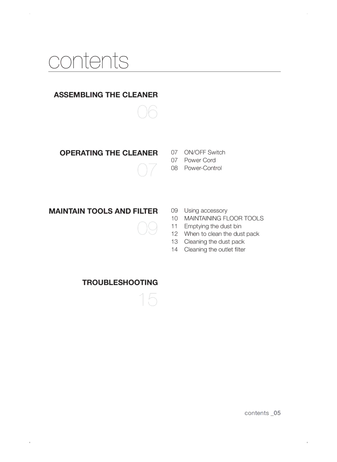 Samsung VC15QSNMAUB/GE, VC15QSNMANC/TR, VC15QSNMARD/EF, VC15QSNMARD/GE, VC15QSNMARD/SW manual Contents 