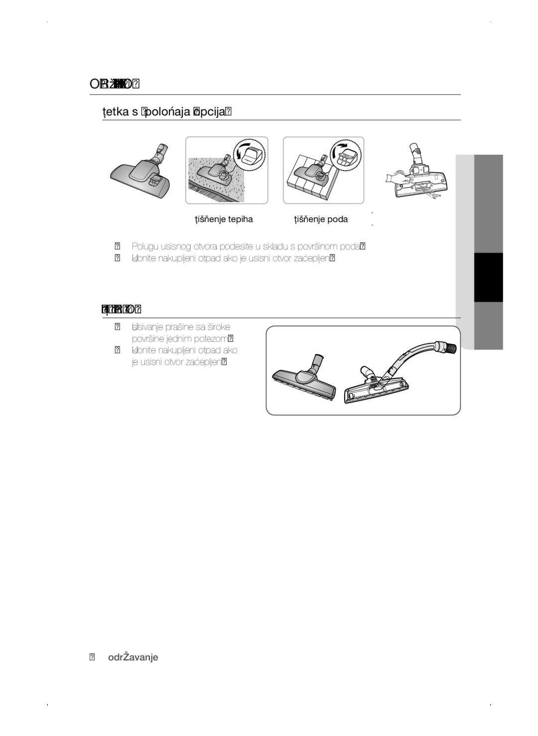 Samsung VC15QSNMAUB/GE manual Održavanje Nastavaka ZA POD, Četka s 2 položaja opcija, Glavna Četka ZA Parket Opcija 