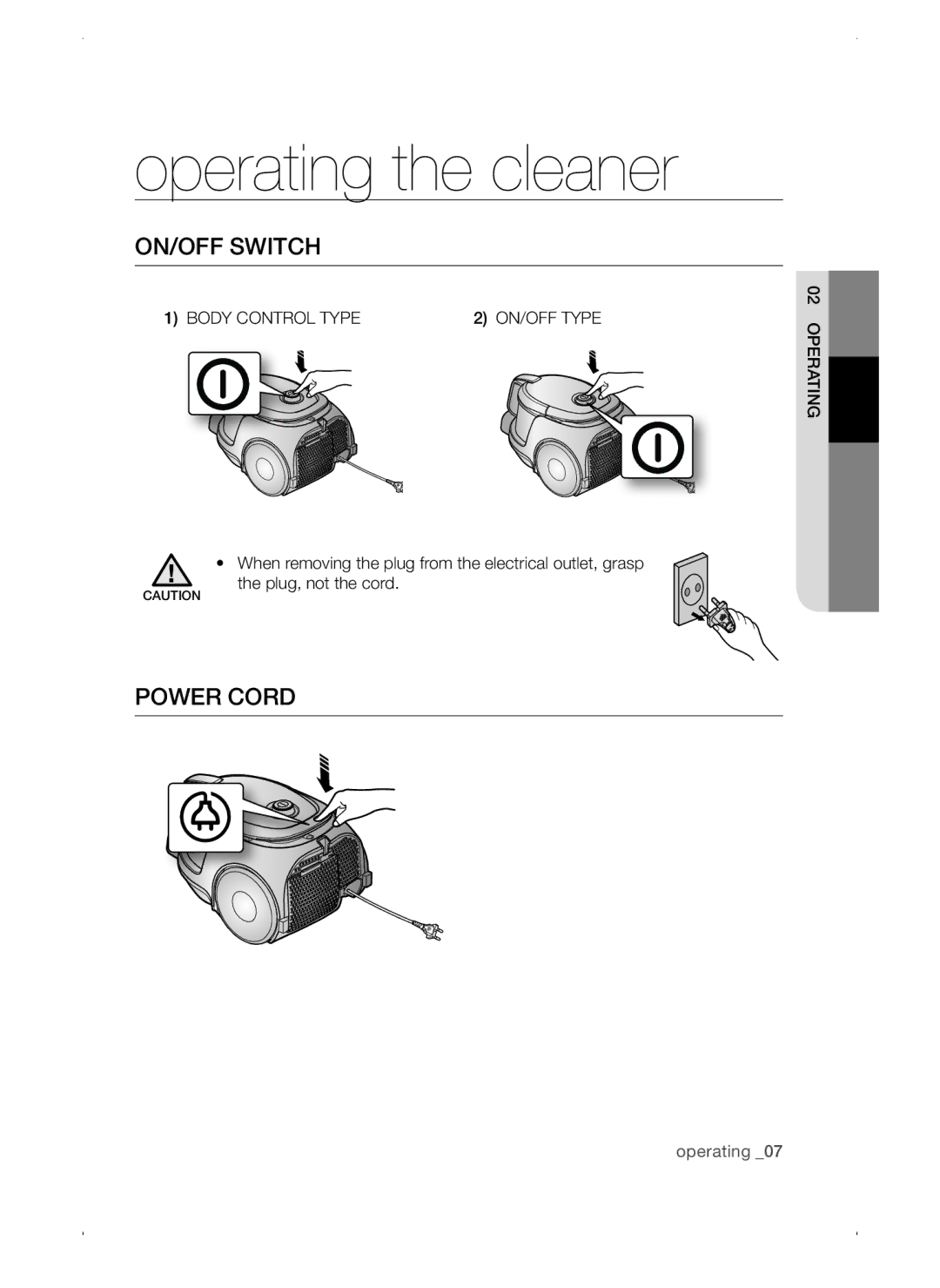 Samsung VC15QSNMARD/EF, VC15QSNMAUB/GE Operating the cleaner, ON/OFF Switch, Power Cord, Body Control Type ON/OFF Type 