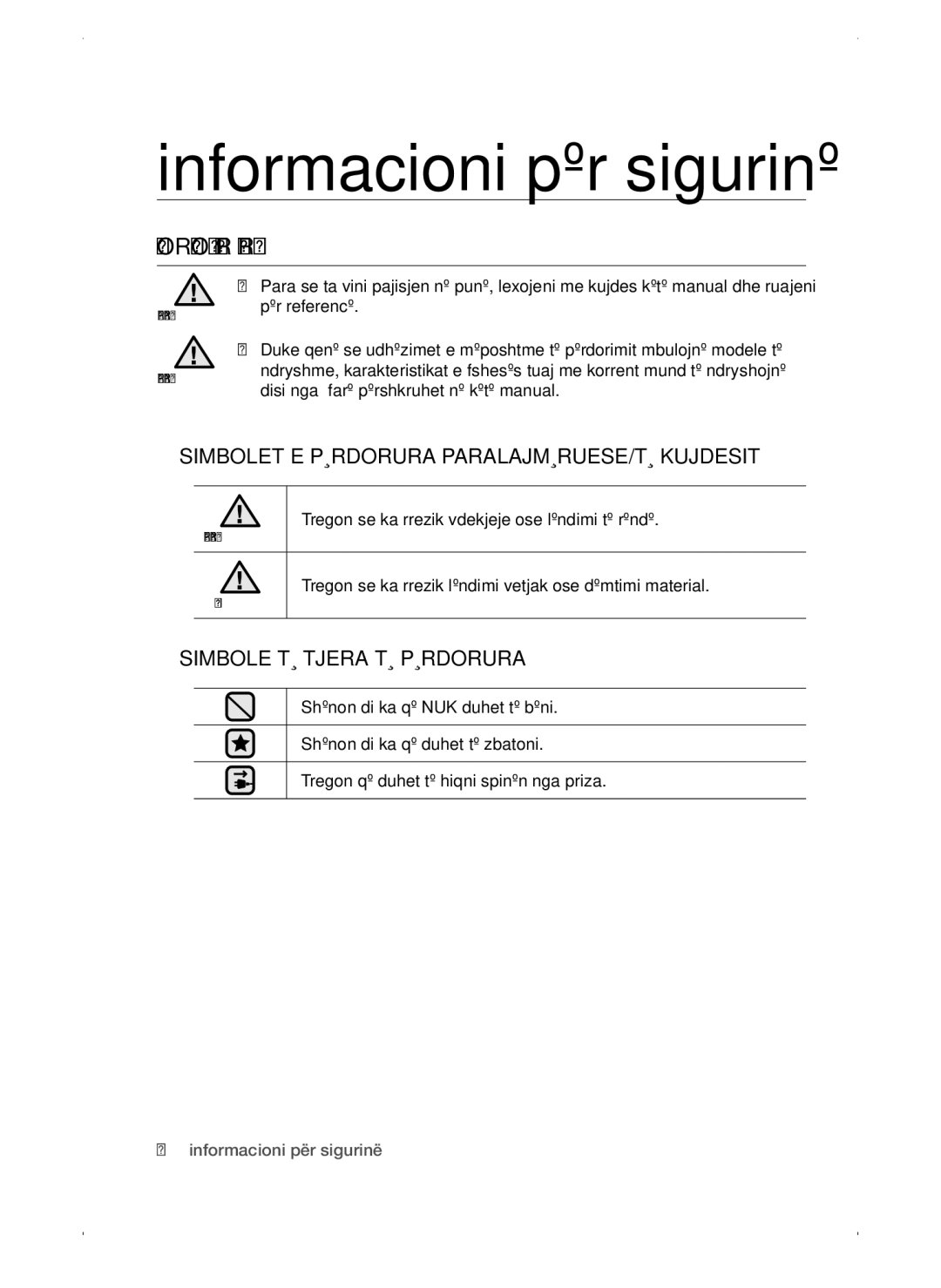 Samsung VC15QSNMARD/EF, VC15QSNMAUB/GE Informacioni për sigurinë, Informacioni PËR Sigurinë, Simbole TË Tjera TË Përdorura 