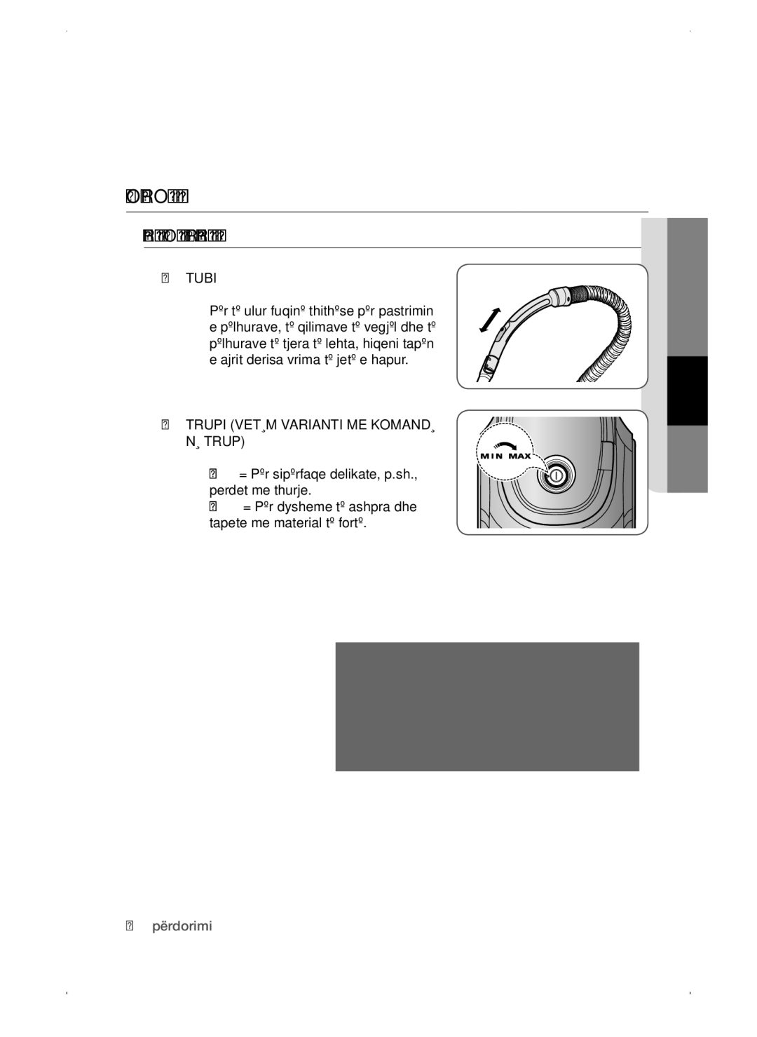 Samsung VC15QSNMARD/GE, VC15QSNMAUB/GE manual Kontrolli I Fuqisë, Varianti ME Komandë NË TRUP/VARIANTI ME NDEZJE/FIKJE, Tubi 