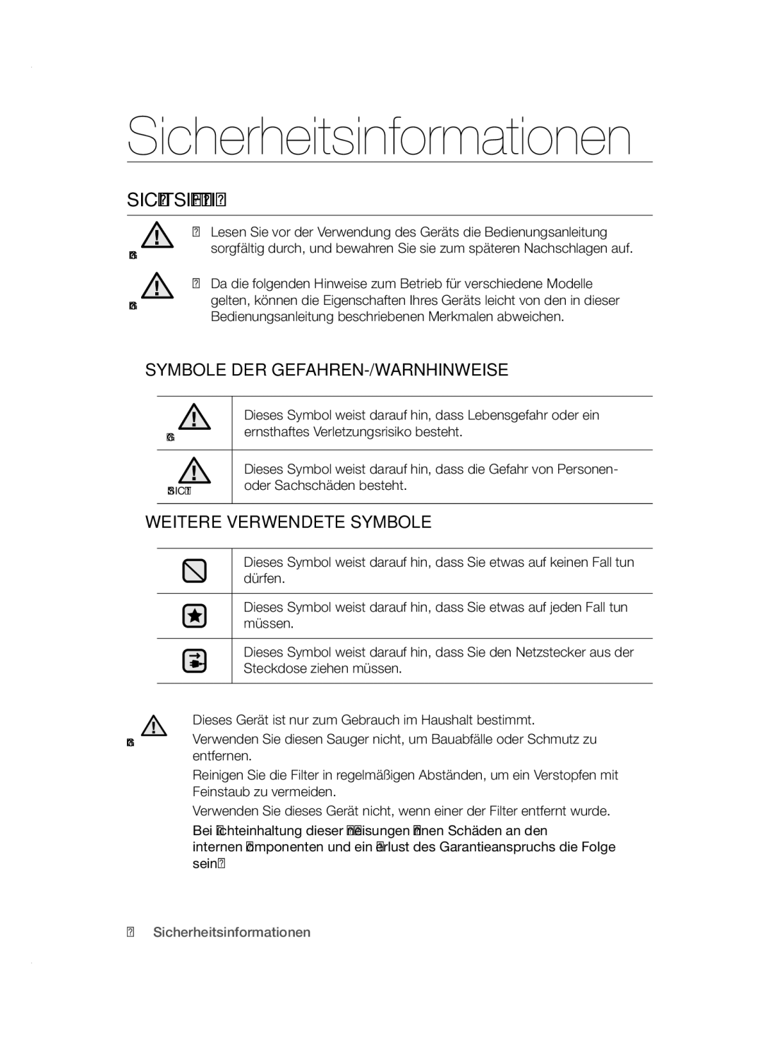 Samsung VC15QSNMAUB/GE manual Sicherheitsinformationen, Symbole DER GEFAHREN-/WARNHINWEISE, Weitere Verwendete Symbole 