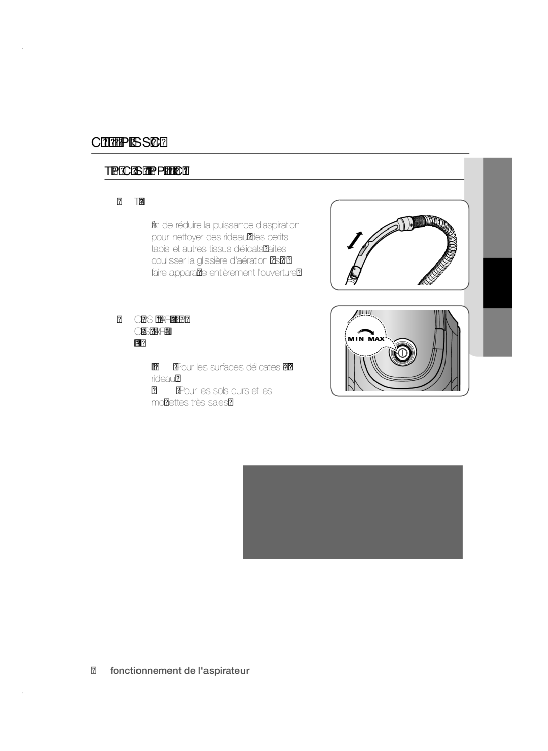 Samsung VC15QSNMARD/GE manual Contrôle DE LA Puissance, Tuyau, Corps DE Lappareil Type Commande SUR Lappareil Uniquement 