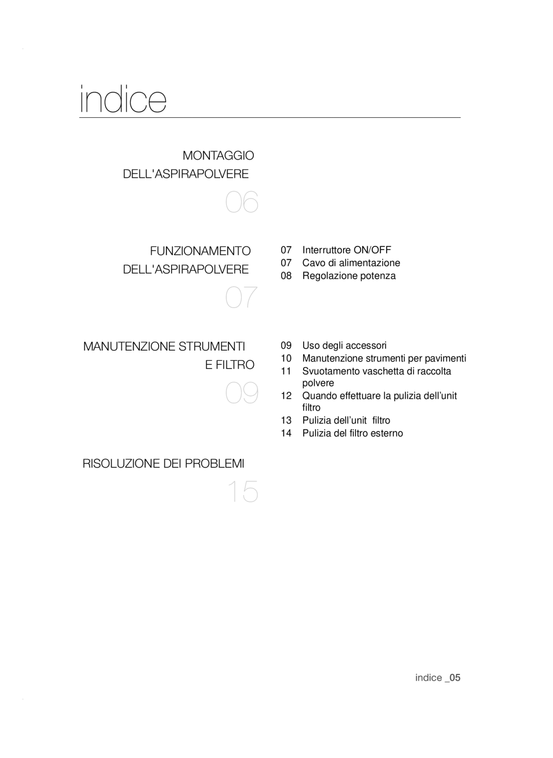 Samsung VC15QSNMARD/SW, VC15QSNMAUB/GE Indice, Montaggio Dellaspirapolvere Funzionamento, Manutenzione Strumenti, Filtro 