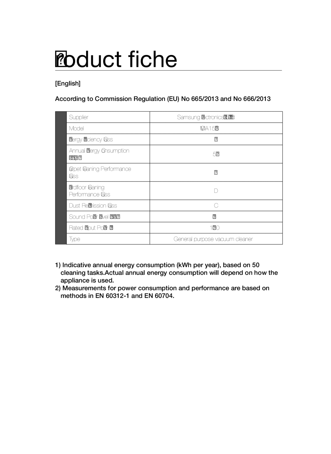 Samsung VC15QSNMAUB/SB, VC15QSNMARD/SB manual Product fiche 