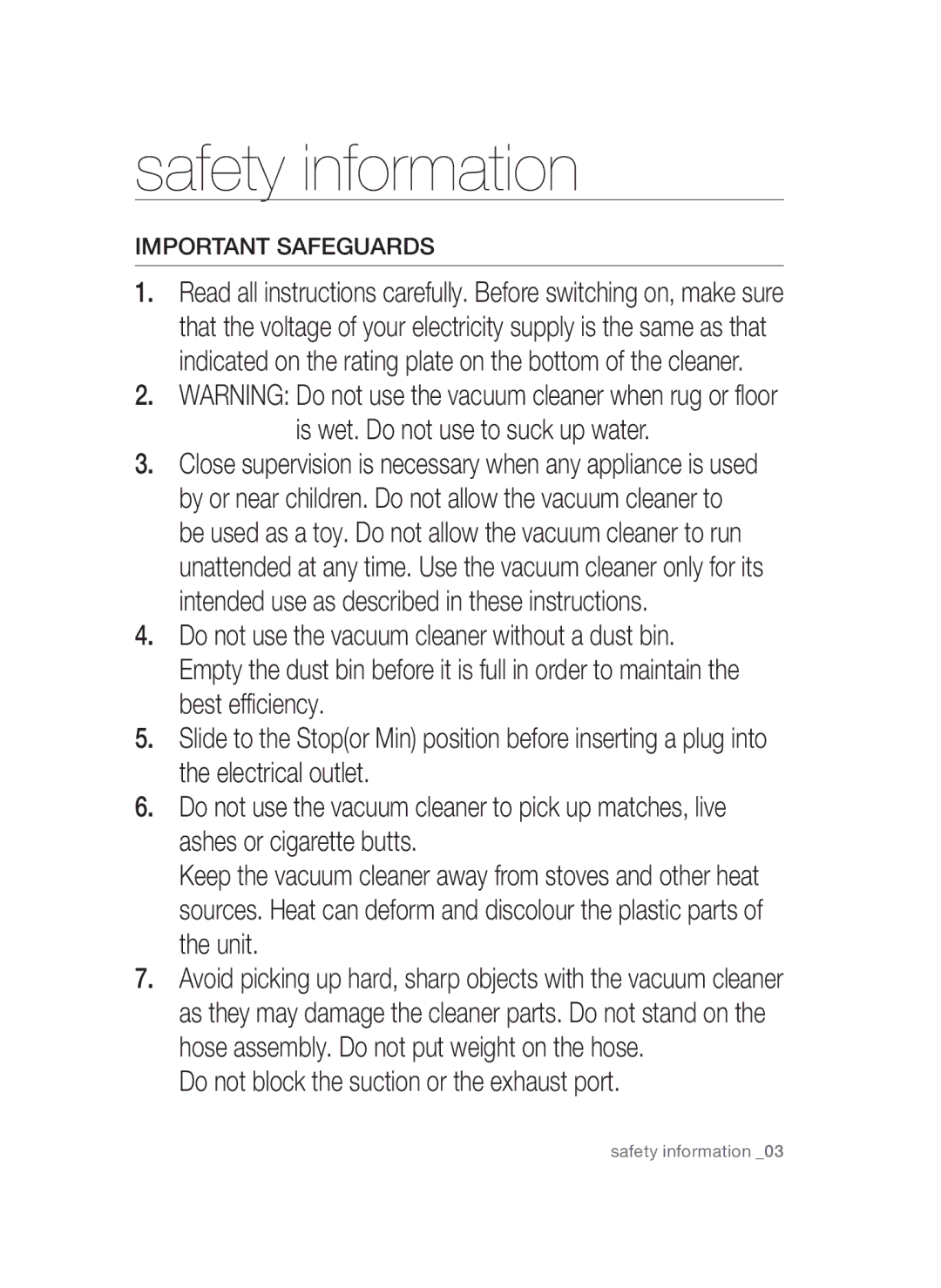 Samsung VC15QSNMARD/SB, VC15QSNMAUB/SB manual Important Safeguards 