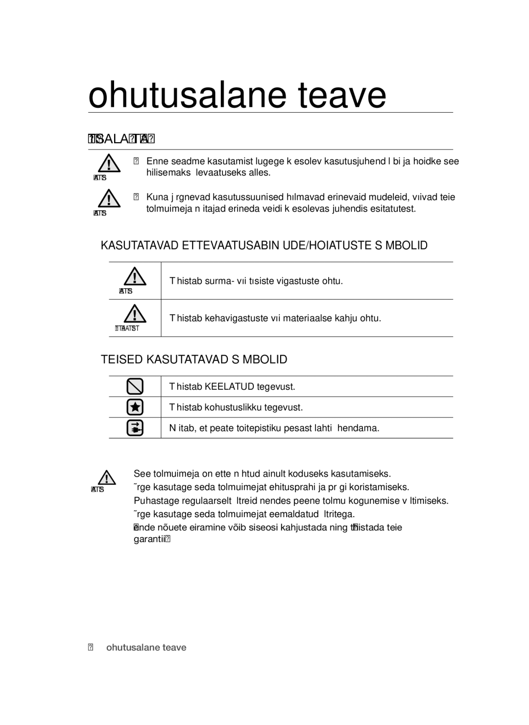 Samsung VC15QSNMAUB/SB manual Ohutusalane teave, Ohutusalane Teave, Kasutatavad ETTEVAATUSABINÕUDE/HOIATUSTE Sümbolid 