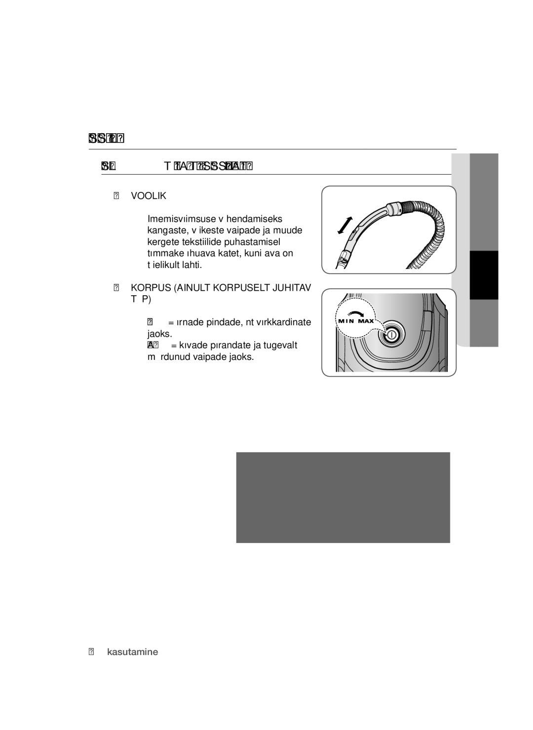 Samsung VC15QSNMAUB/SB, VC15QSNMARD/SB manual Võimsuse Reguleerimine, Voolik, Korpus Ainult Korpuselt Juhitav Tüüp 