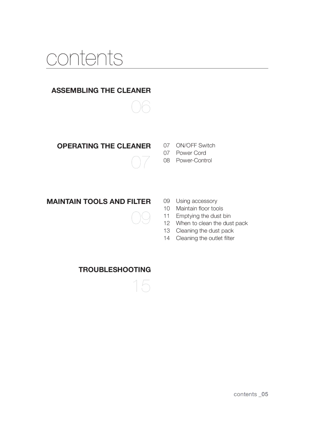 Samsung VC15QSNMARD/SB, VC15QSNMAUB/SB manual Contents 