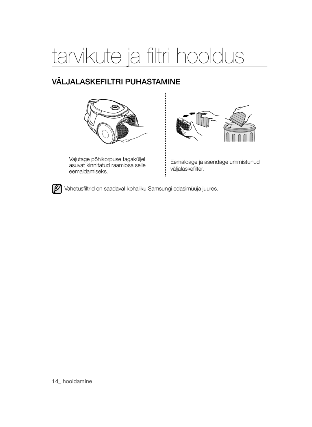 Samsung VC15QSNMAUB/SB, VC15QSNMARD/SB manual Tarvikute ja filtri hooldus, Väljalaskefiltri Puhastamine 