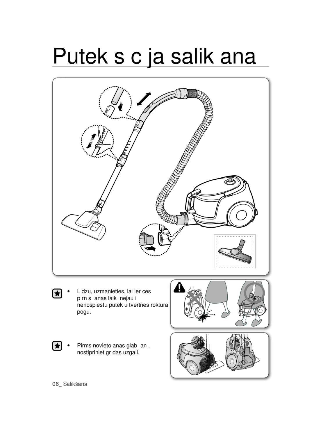 Samsung VC15QSNMAUB/SB, VC15QSNMARD/SB manual Putekļsūcēja salikšana 