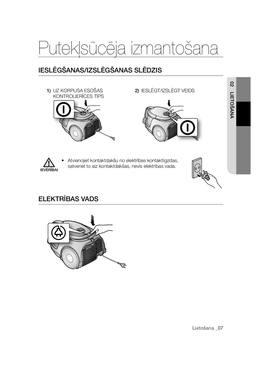 Samsung VC15QSNMARD/SB, VC15QSNMAUB/SB manual IESLĒGŠANAS/IZSLĒGŠANAS Slēdzis, Elektrības Vads 