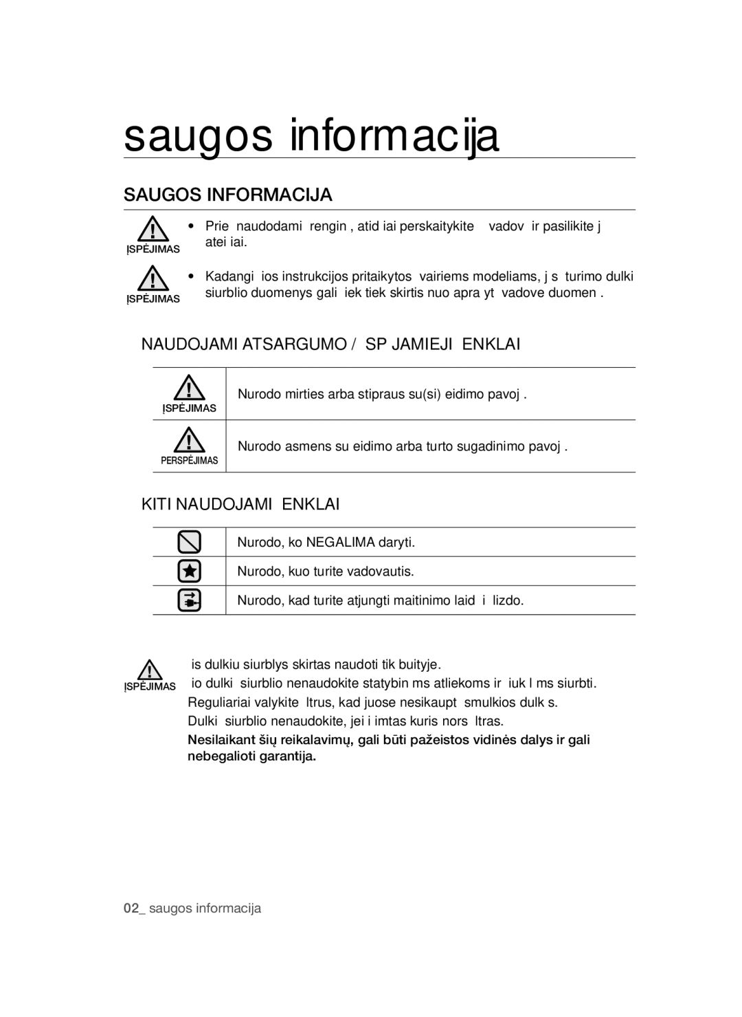 Samsung VC15QSNMAUB/SB, VC15QSNMARD/SB Saugos informacija, Saugos Informacija, Naudojami Atsargumo / Įspėjamieji Ženklai 