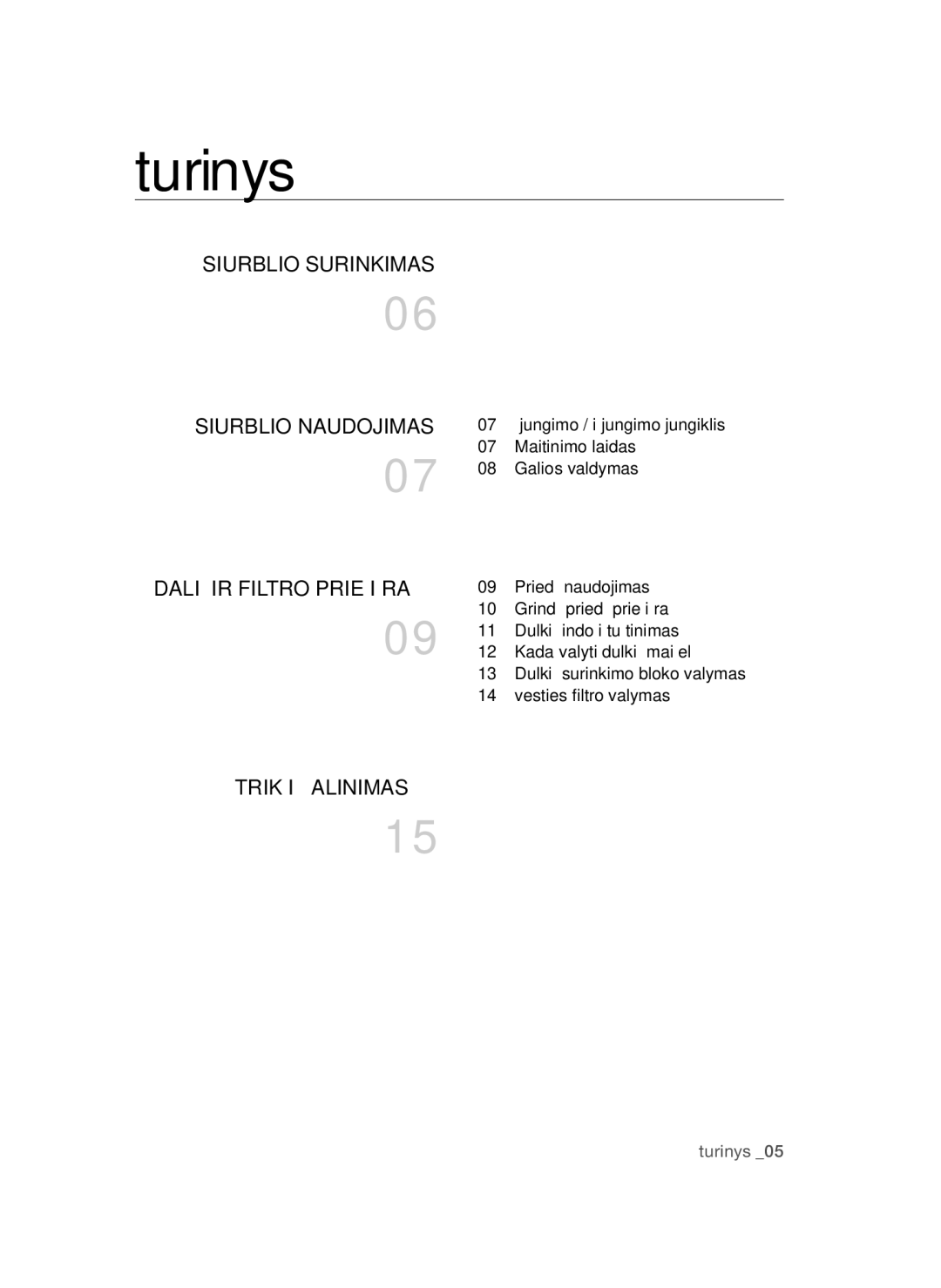 Samsung VC15QSNMARD/SB Turinys, Siurblio Surinkimas Siurblio Naudojimas, Dalių IR Filtro Priežiūra, Trikčių Šalinimas 