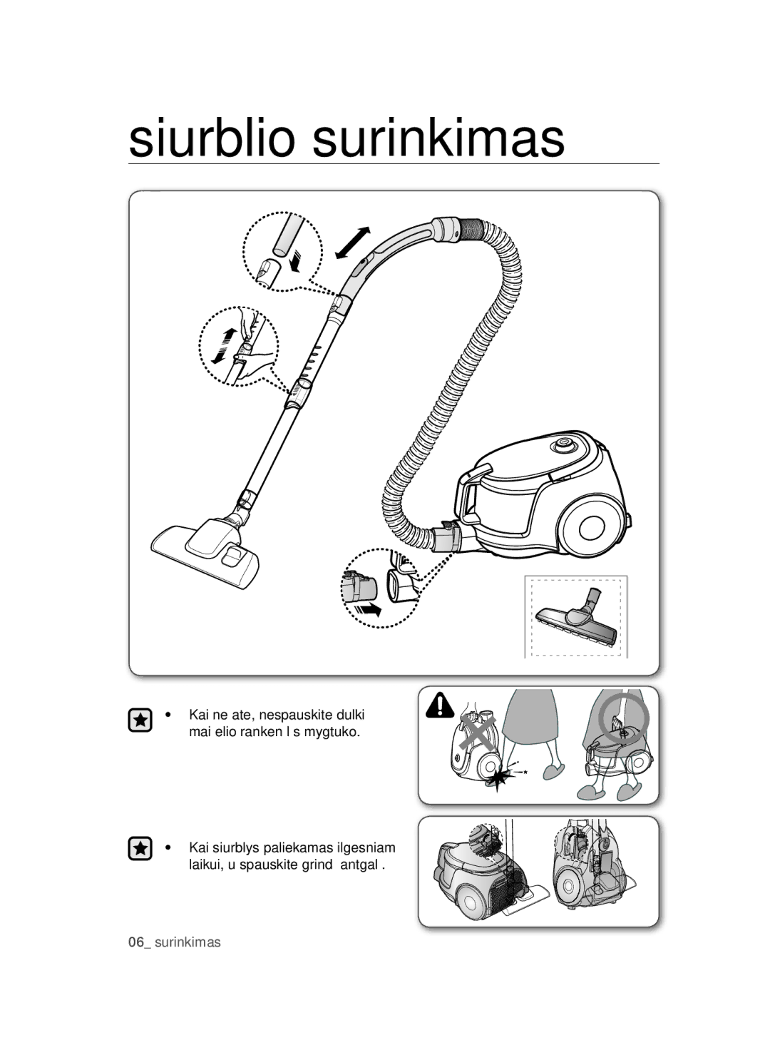 Samsung VC15QSNMAUB/SB, VC15QSNMARD/SB manual Siurblio surinkimas 