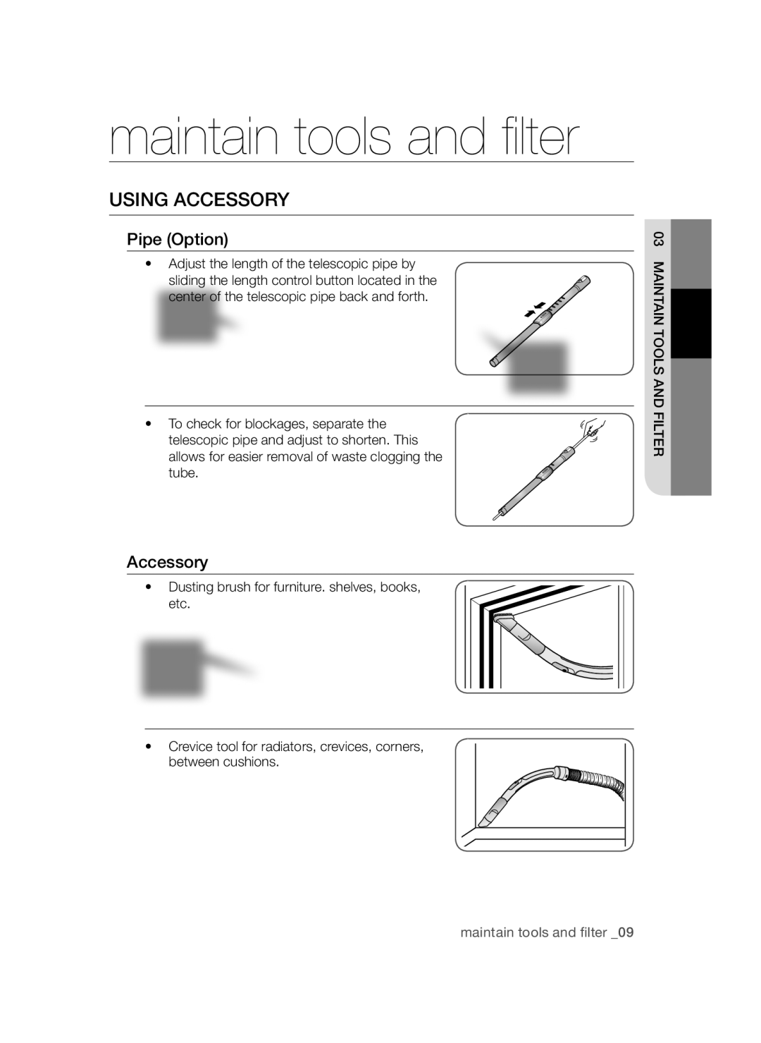 Samsung VC15QSNMARD/SB, VC15QSNMAUB/SB manual Maintain tools and filter, Using Accessory 