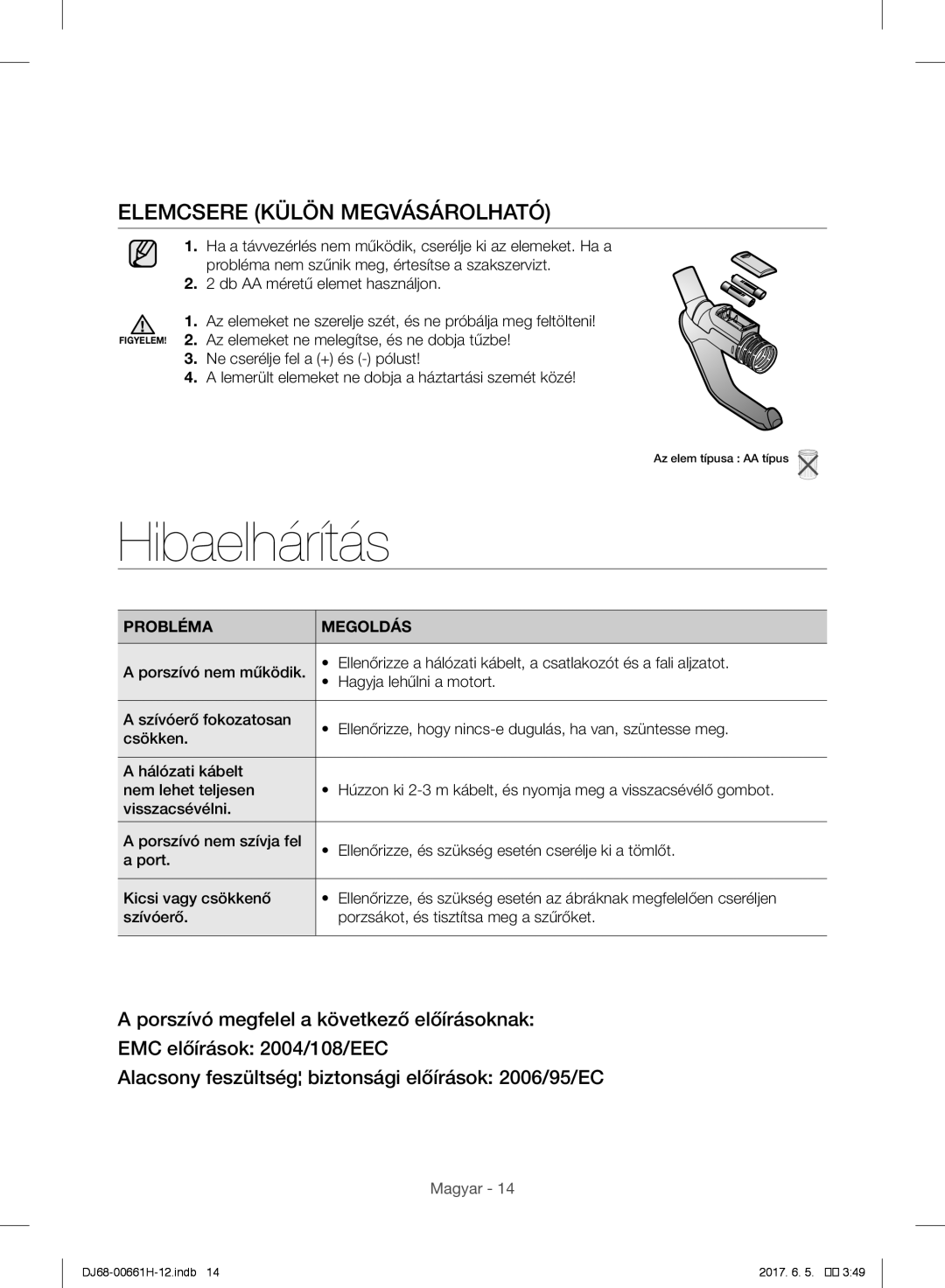 Samsung VC05UHNJGBB/EH, VC15RHNJGGT/EH, VC15RVNJGNC/OL Hibaelhárítás, Elemcsere Külön Megvásárolható, Probléma Megoldás 