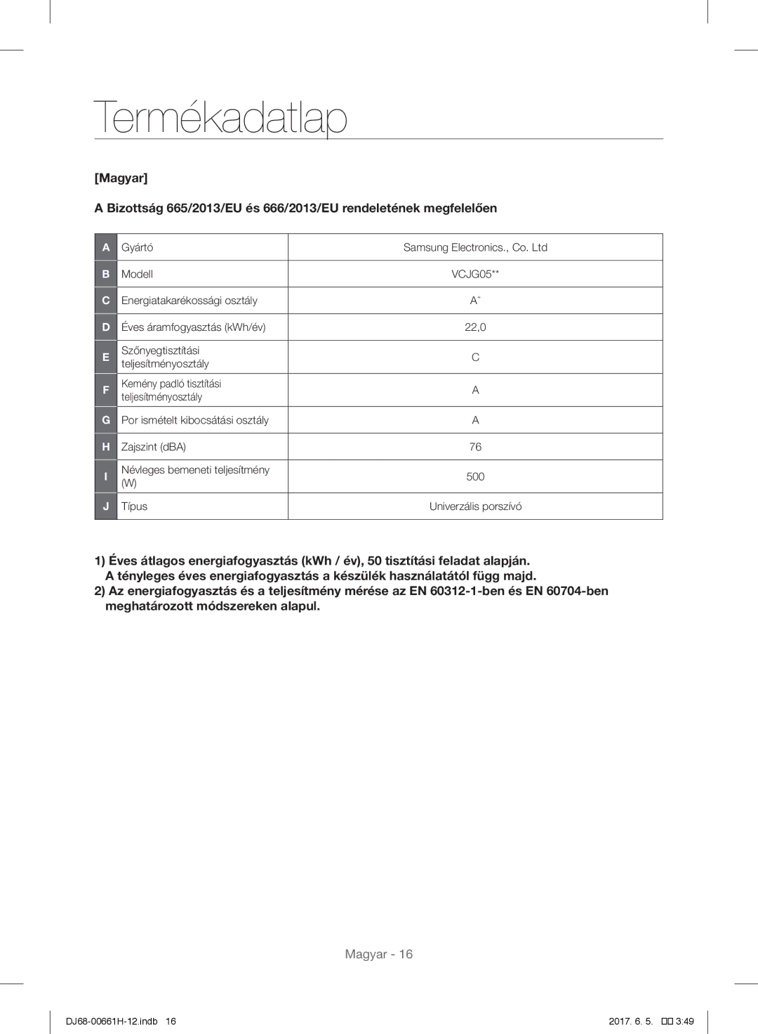 Samsung VC05RVNJGRL/EH, VC15RHNJGGT/EH, VC15RVNJGNC/OL, VC15QHNJGGT/OL, VC05UHNJGBB/EH, VC15QHNJGGT/EH manual Termékadatlap 