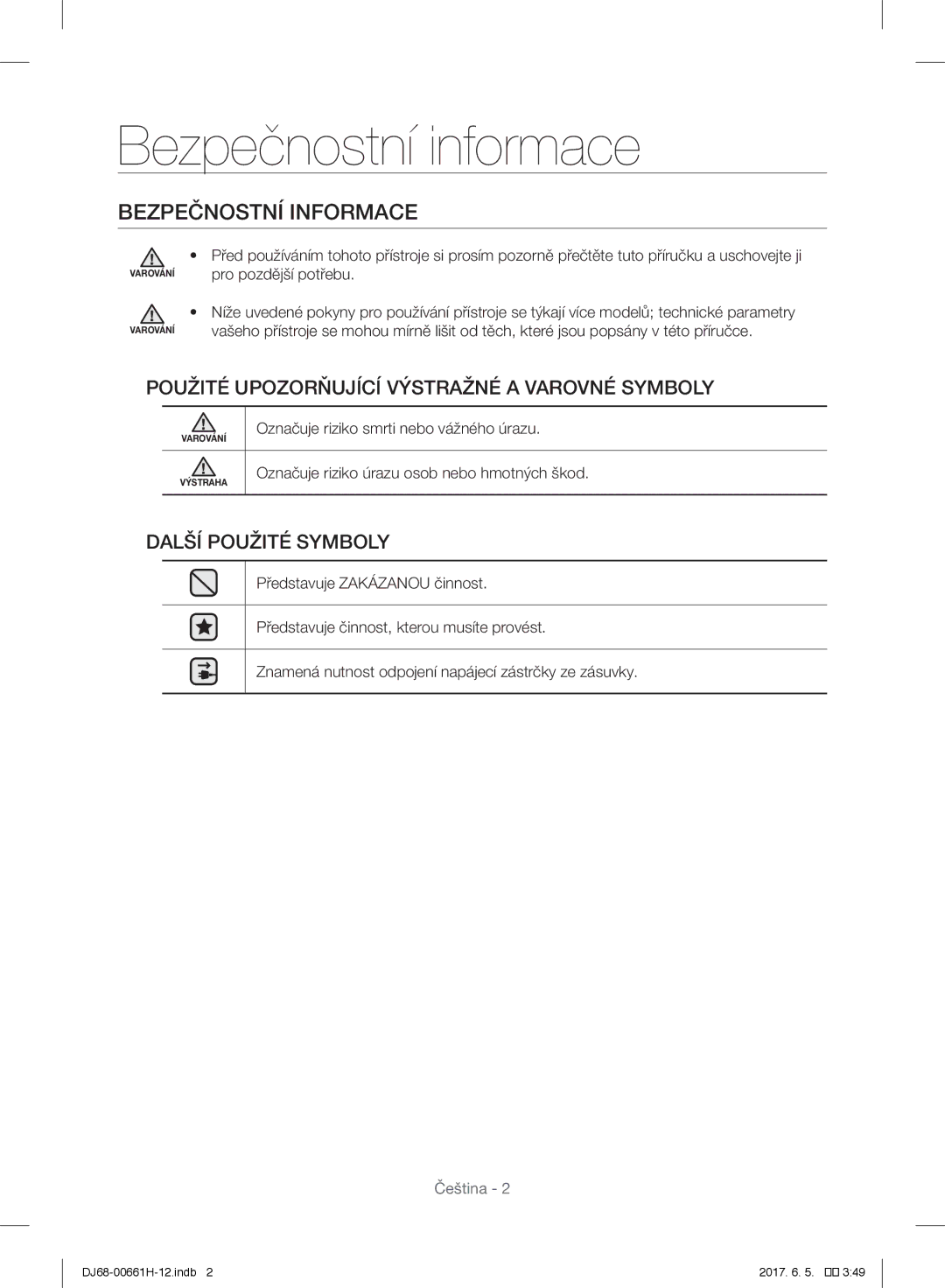 Samsung VC08RHNJGGT/EH manual Bezpečnostní informace, Bezpečnostní Informace, Označuje riziko smrti nebo vážného úrazu 