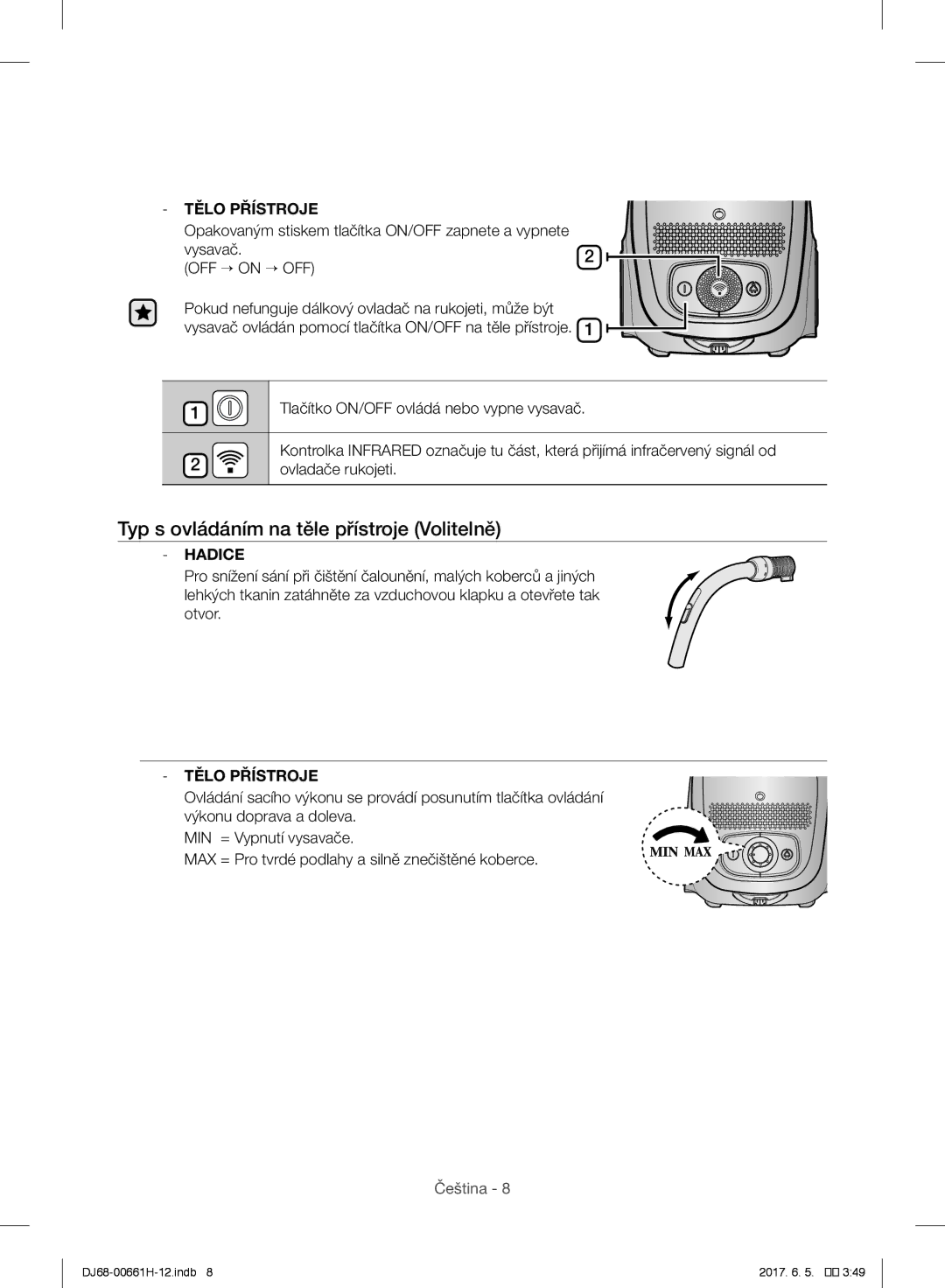 Samsung VC15QHNJGGT/EH, VC15RHNJGGT/EH, VC15RVNJGNC/OL manual Typ s ovládáním na těle přístroje Volitelně, Tělo Přístroje 