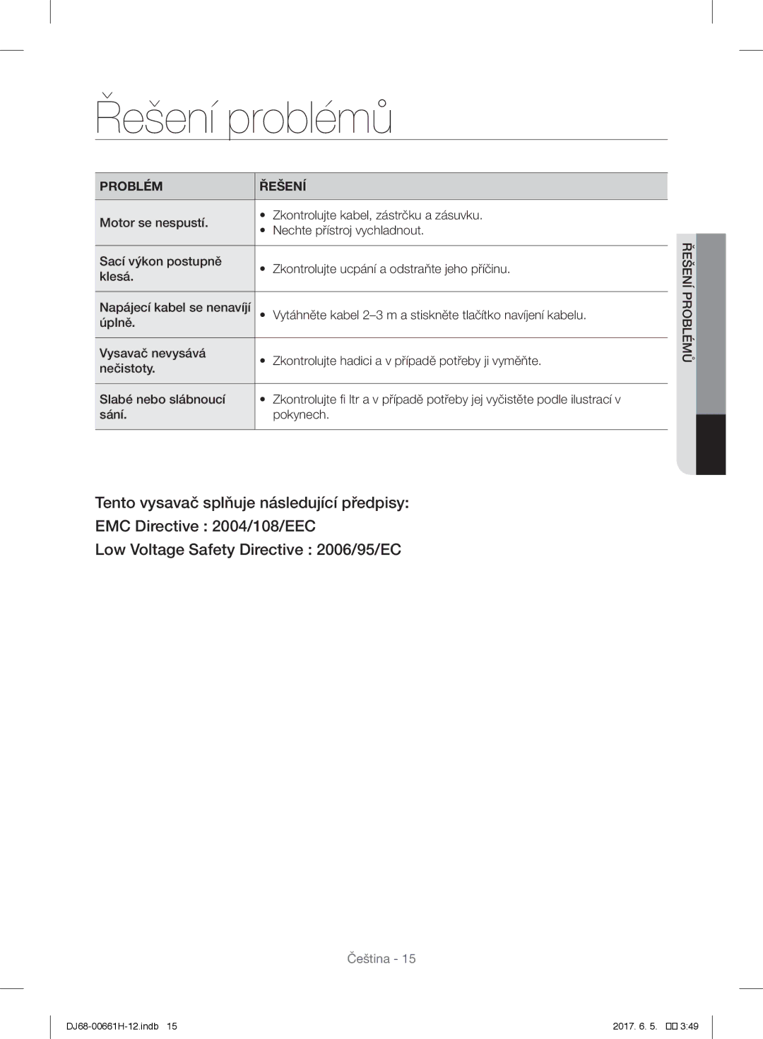 Samsung VC15RHNJGGT/EH, VC15RVNJGNC/OL, VC15QHNJGGT/OL, VC05UHNJGBB/EH, VC15QHNJGGT/EH manual Řešení problémů, Problém Řešení 