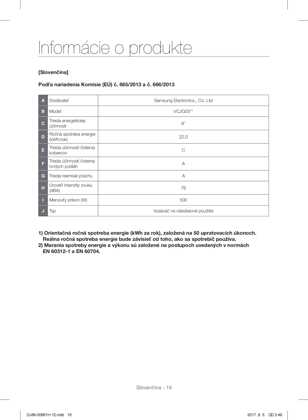 Samsung VC05SVNJGWQ/EH, VC15RHNJGGT/EH Informácie o produkte, Slovenčina Podľa nariadenia Komisie EÚ č /2013 a č /2013 