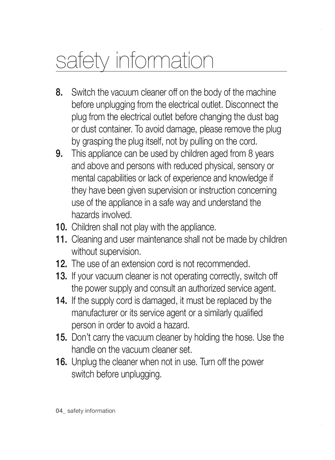 Samsung VC16BSNMAUB/SV, VC18AVNMANC/SV, VC18AVNMAPT/SV, VC16BSNMARD/SV manual Safety information 