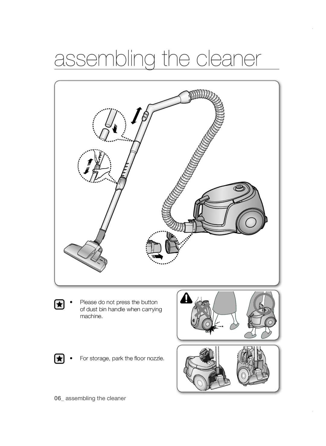 Samsung VC18AVNMAPT/SV, VC16BSNMAUB/SV, VC18AVNMANC/SV, VC16BSNMARD/SV manual Assembling the cleaner 