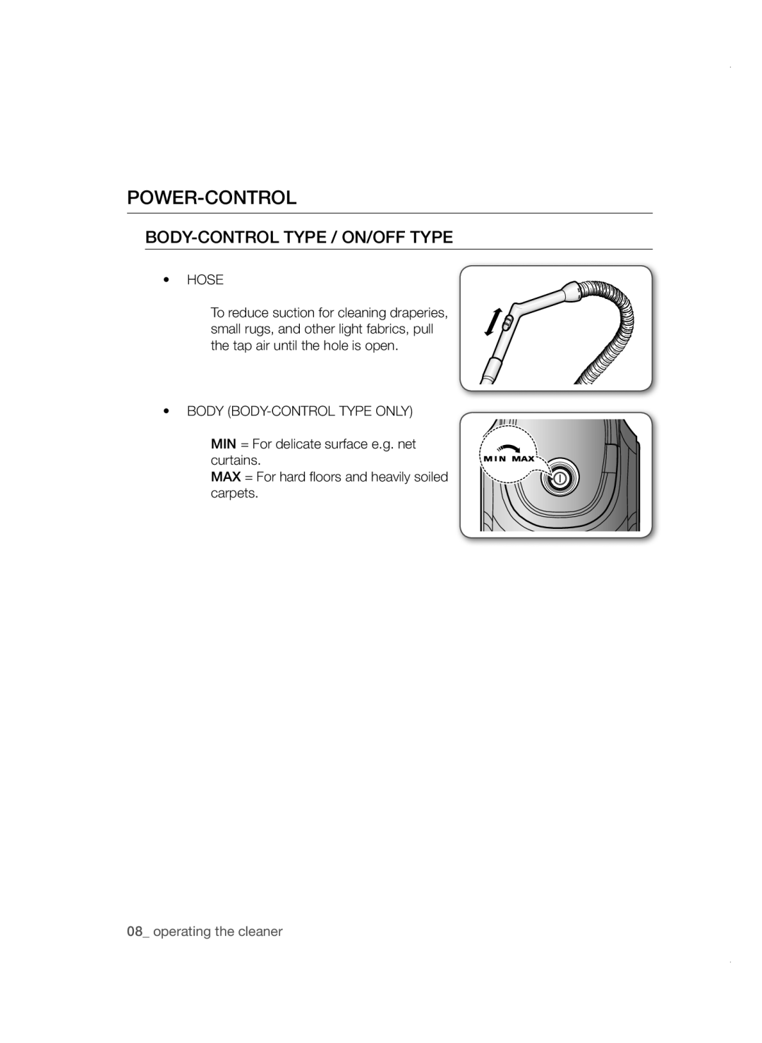 Samsung VC16BSNMAUB/SV, VC18AVNMANC/SV, VC18AVNMAPT/SV, VC16BSNMARD/SV manual Power-Control, BODY-CONTROL Type / ON/OFF Type 