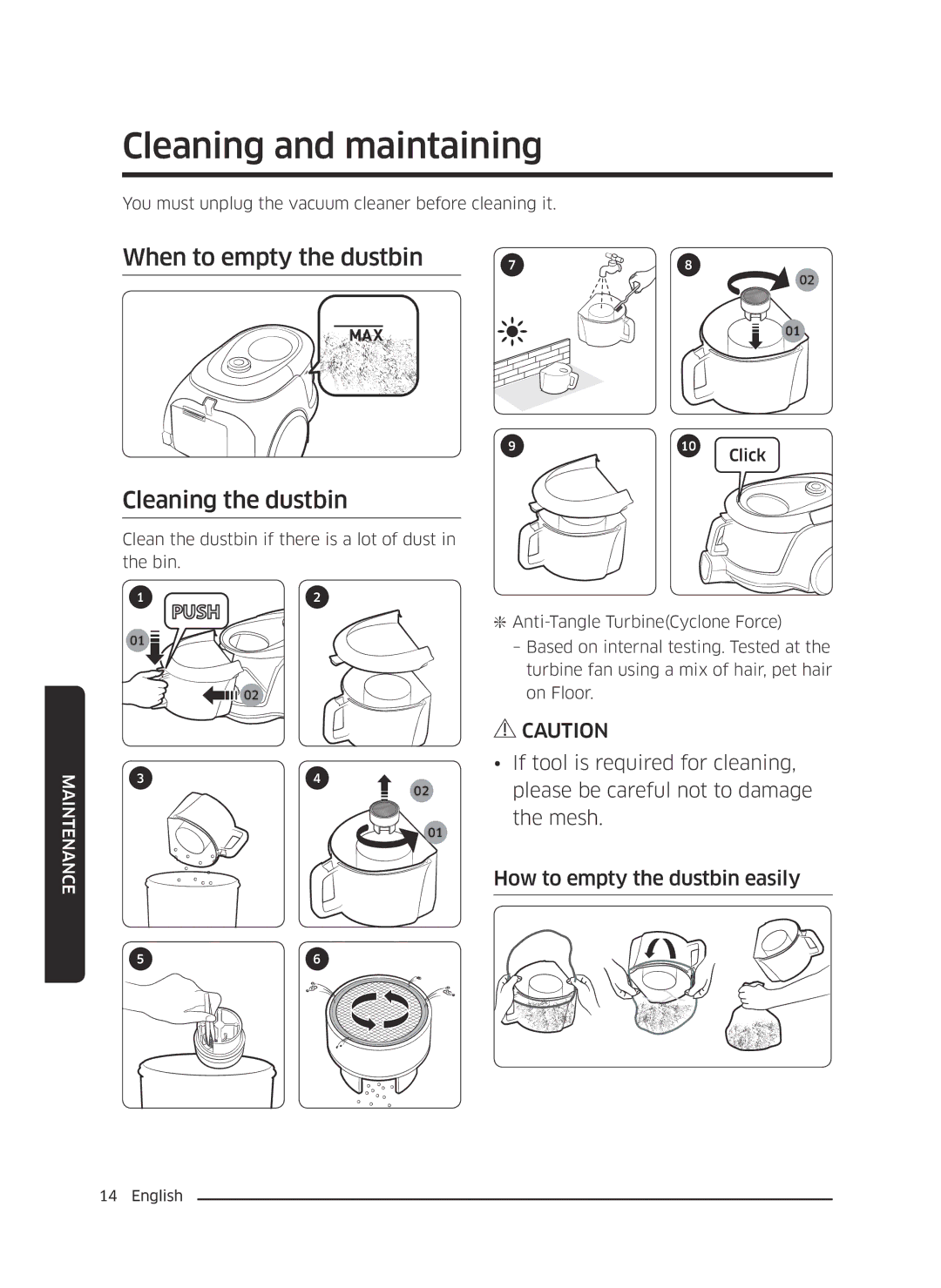 Samsung VC18M2120SB/MG manual Cleaning and maintaining, When to empty the dustbin Cleaning the dustbin 