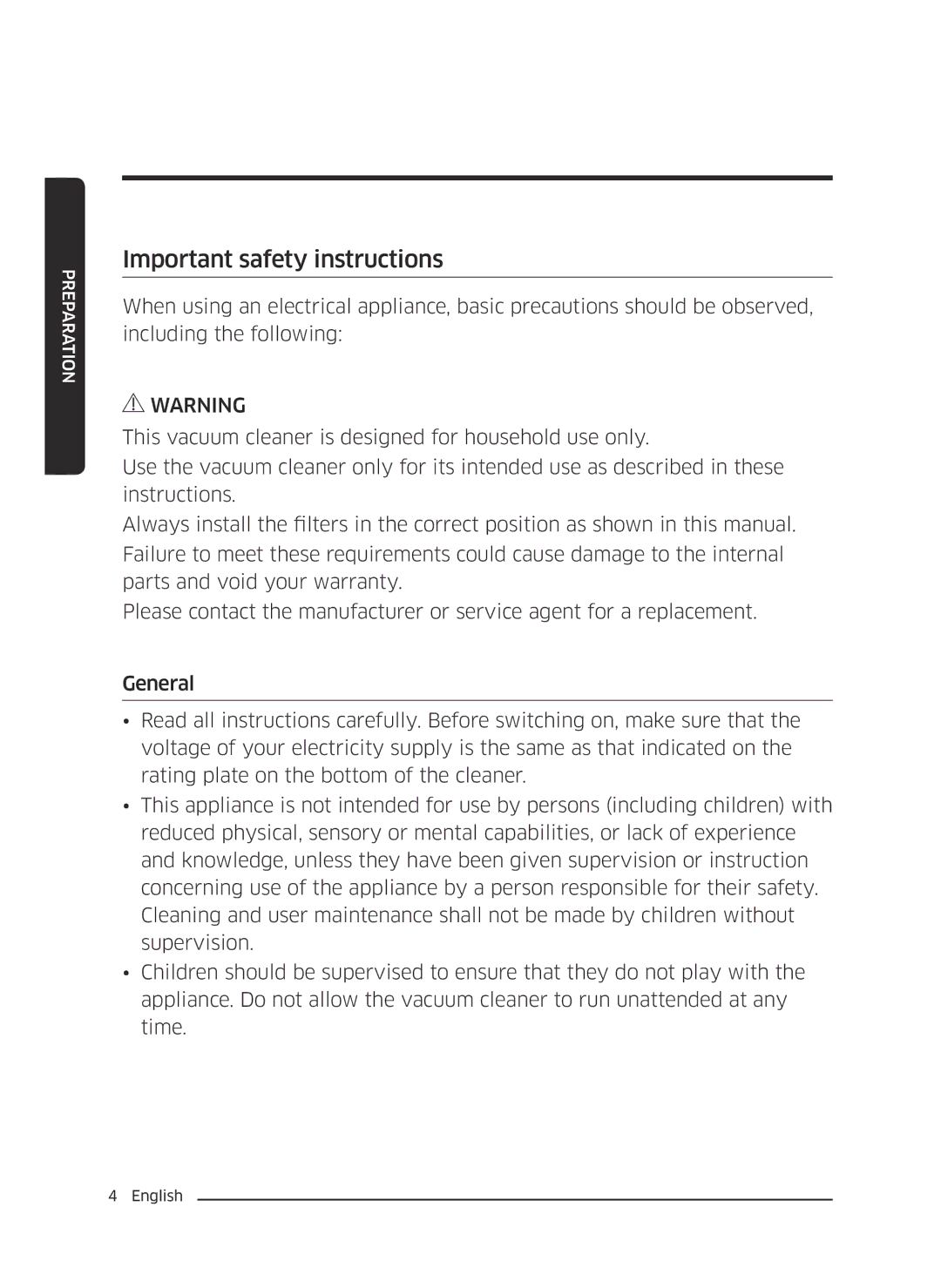 Samsung VC18M2120SB/MG manual Important safety instructions 