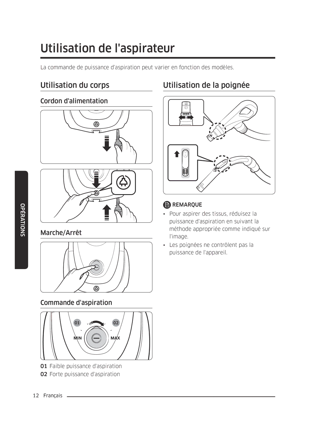 Samsung VC18M2120SB/MG manual Utilisation de laspirateur, Utilisation du corps Utilisation de la poignée 