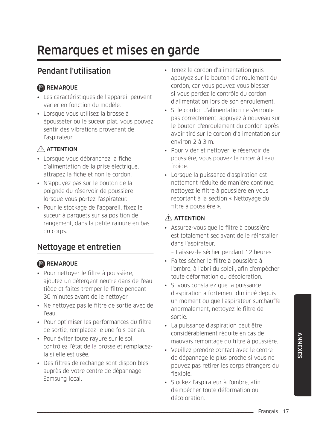 Samsung VC18M2120SB/MG manual Remarques et mises en garde, Pendant lutilisation, Nettoyage et entretien 