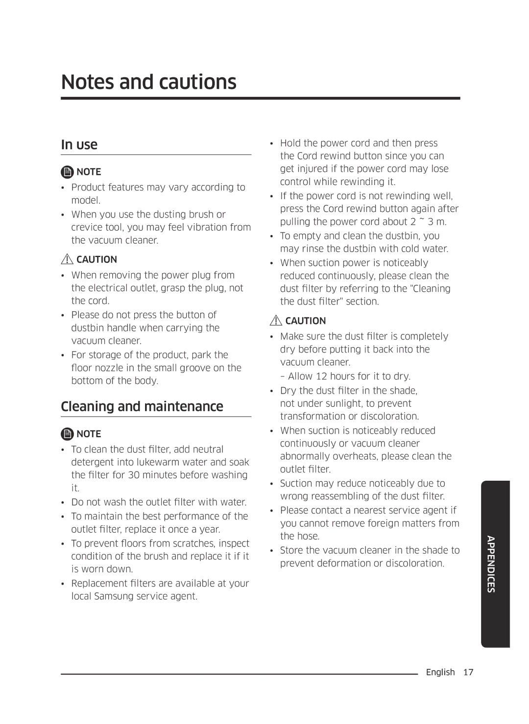 Samsung VC18M2120SB/ML manual Use, Cleaning and maintenance 