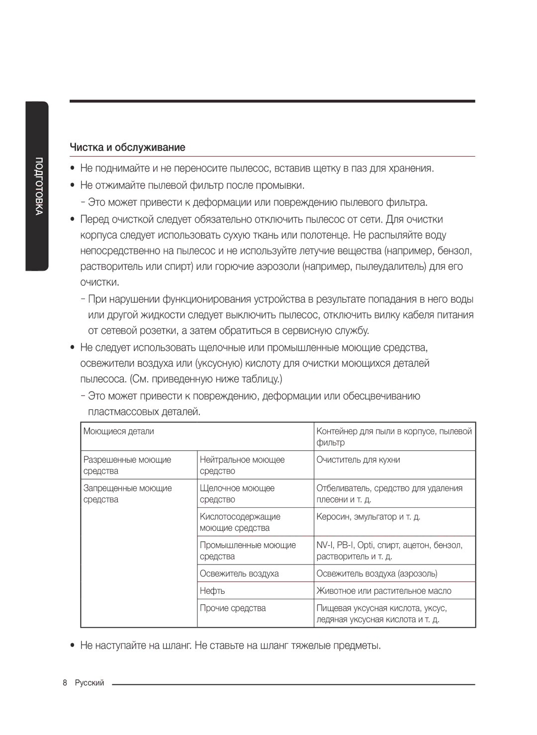 Samsung VC18M2120SB/ML manual Не наступайте на шланг. Не ставьте на шланг тяжелые предметы 