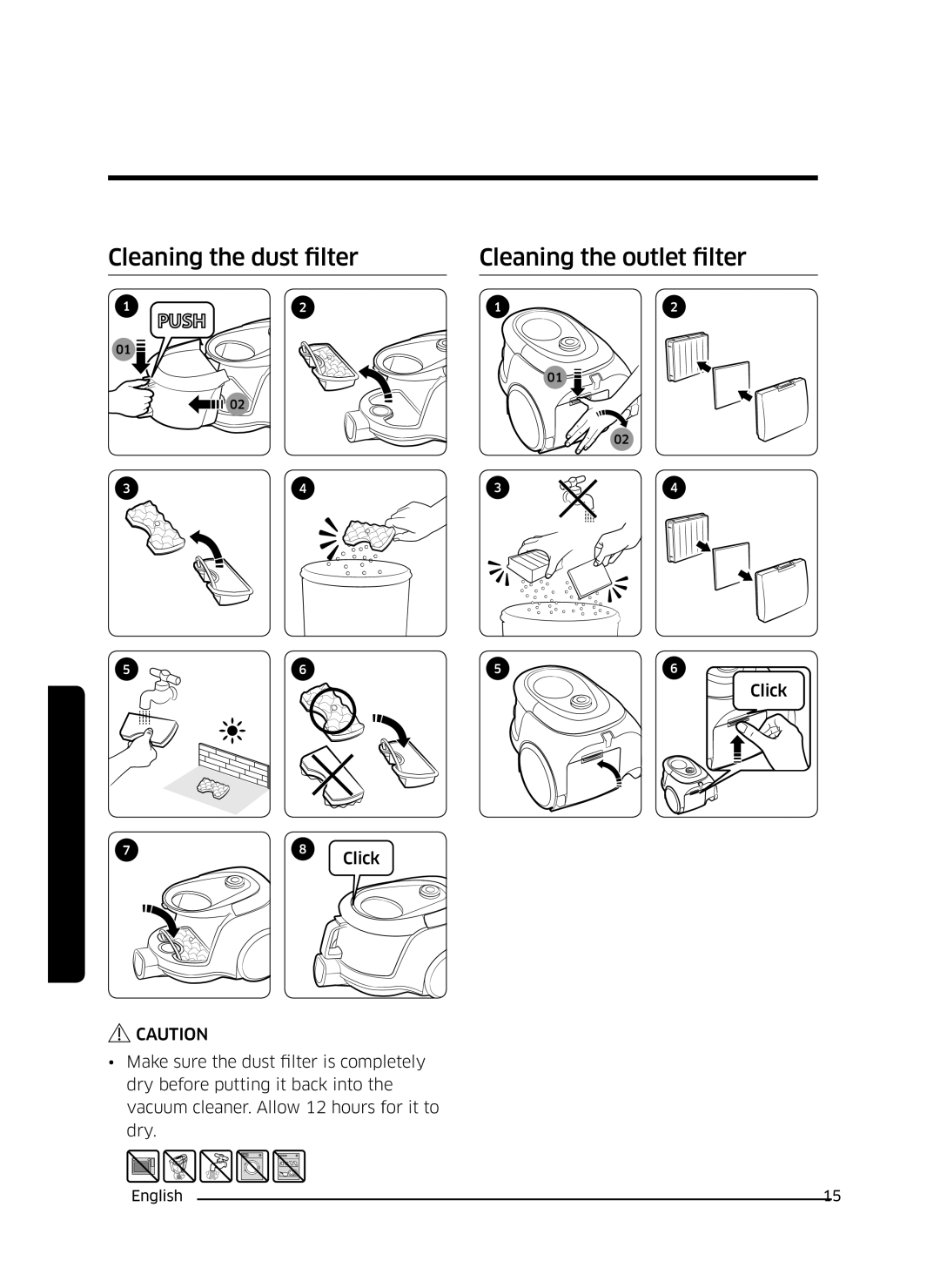 Samsung VC18M2120SB/SV, VC18M21M0VN/SV manual Cleaning the dust filter Cleaning the outlet filter 